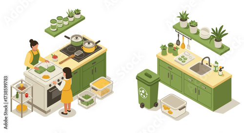 Mother and daughter cooking in a sustainable kitchen with eco-friendly practices