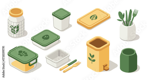 Sustainable kitchen design with isometric eco-friendly containers and accesso…