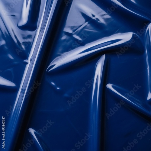 Glossy blue latex fabric background, reflective surface and subtle folds. The material catches light dramatically, deep shadows. Ideal for fashion, fetish, futuristic, or industrial-themed 