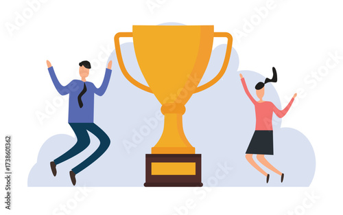 Golden trophy displayed between two people celebrating victory. Suitable for success, achievement, teamwork, competition, recognition, awards, and accomplishments concept