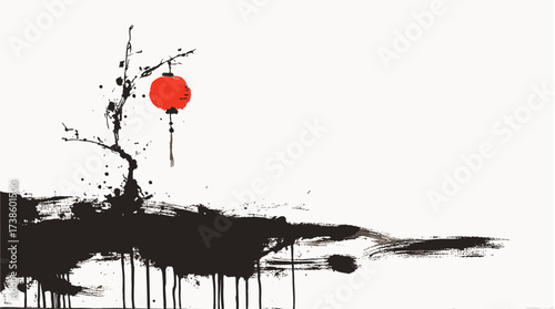 Oriental ink painting of asian lanterns in grunge brush stroke style for traditional festive design