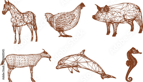 Wireframe Farm and Sea Animals Vector Set: Polygonal Horse, Dolphin, Pig, and Abstract Wildlife Art