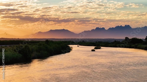 Telephoto view of Organ Mountains over Rio Grande River