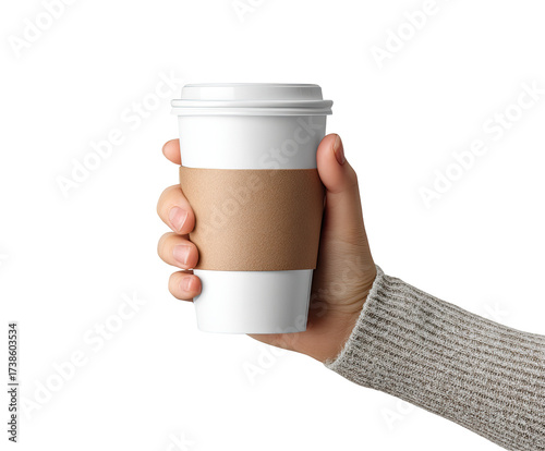 Hand holding a white disposable coffee cup with a brown paper sleeve (6)