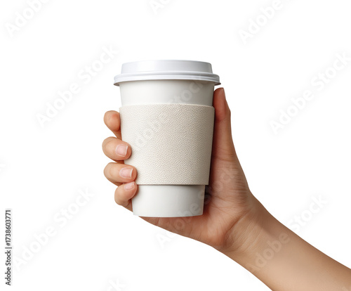 Hand holding a white coffee cup with a paper sleeve