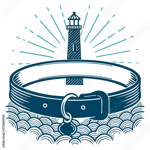 Dog collar with lighthouse illustration and ocean waves background  