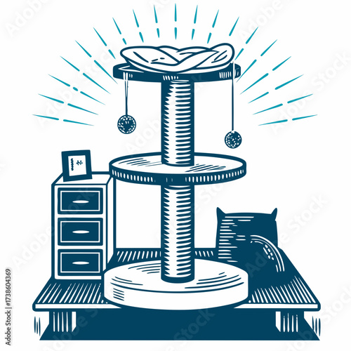 Cat scratching post with toys and drawer unit in playful design  