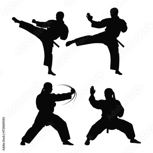 Dynamic martial arts silhouettes four karate fighters in action poses showcasing combat skills silhouette