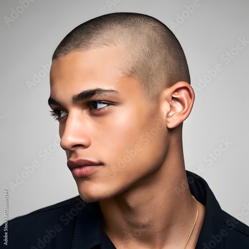  Confident young Latino man with short buzz cut haircut looking sideways against a plain background