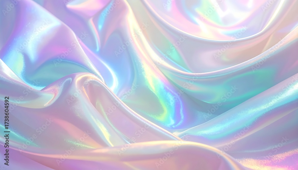 Fototapeta premium Abstract render of draped, iridescent fabric. Soft folds catch and reflect light. Delicate colors create a dreamy, pearlescent glow