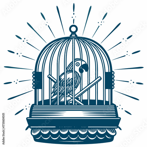 Parrot sitting inside a vintage birdcage with rays in the background  
