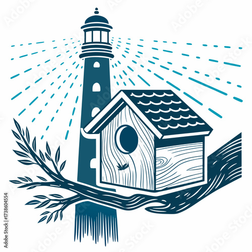 Lighthouse and birdhouse illustration in blue color scheme  