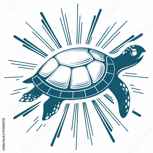 Stylized turtle illustration with sunburst rays in turquoise color  