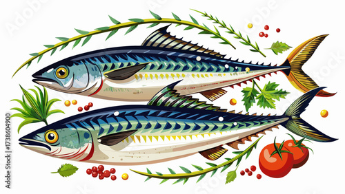 
very beautiful Two mackerel fish with herbs and pepper on a white surface.