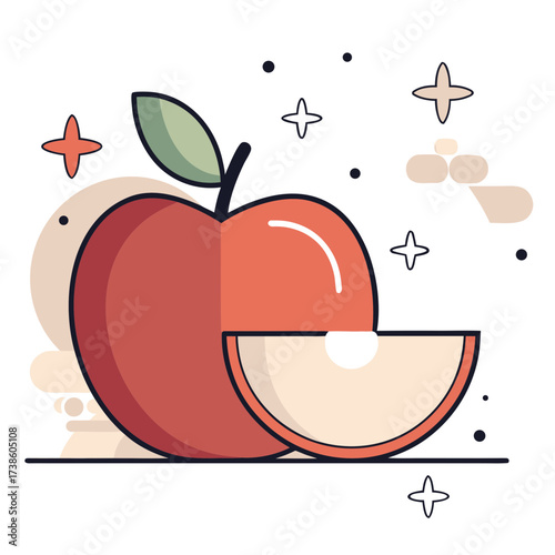 Colorful illustration of an apple and a sliced piece on a soft background  