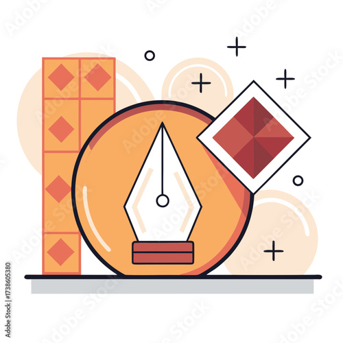 Graphic design tools with pen nib and shapes on minimalist background  