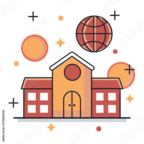 Colorful school building with abstract elements and planets  