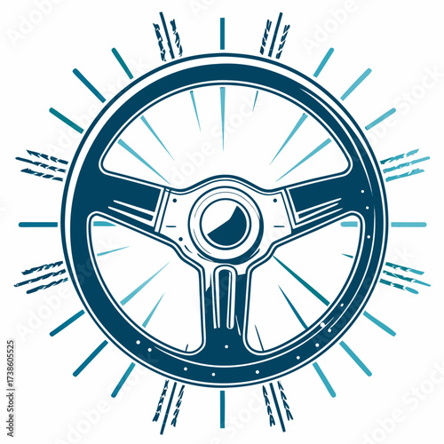Steering wheel illustration with dynamic lines in blue tones  
