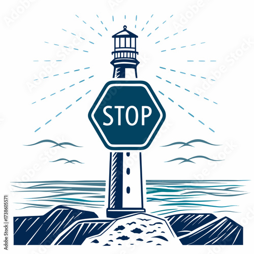 Lighthouse with STOP sign by the sea in nautical style  