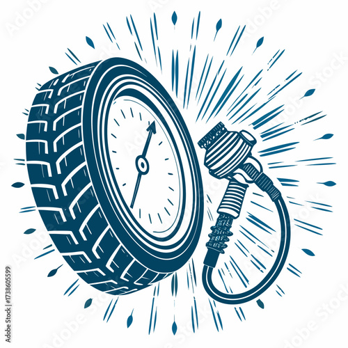 Tire pressure gauge and compressor with burst effect illustration  