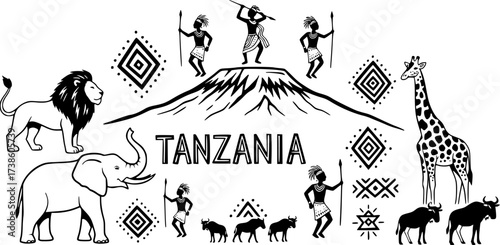 Hand drawn tanzania elements: kilimanjaro, wildlife, traditional art