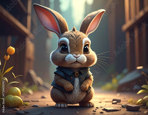 Cute Cartoon Rabbit in Urban Setting.