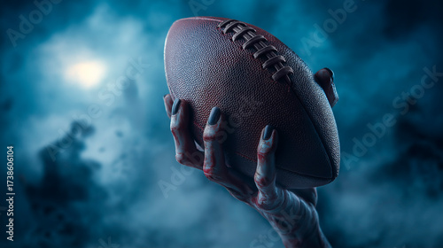 A zombie holding an American football in his hand, on a dark and spooky Halloween background