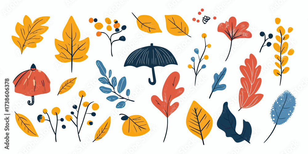 Obraz premium Autumn leaves and berries botanical doodle set with umbrella and floral hand drawn fall season nature sketch vector illustration in flat minimalist style