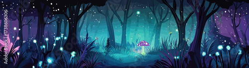 Mystical glowing forest with bioluminescent plants illuminated mushrooms dark enchanting woodland night fantasy landscape vector illustration