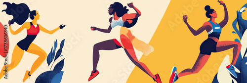 Diverse athletic women running and jumping in dynamic fitness poses with modern minimalist flat vector style and vibrant colors