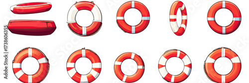 Set of red and white lifebuoys and rescue rings in various angles and styles for nautical safety and marine rescue flotation devices vector illustration