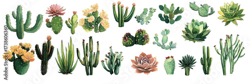 Watercolor vector collection of diverse cactus and succulent plants with blooming flowers and green spiky leaves in flat minimalist style illustration set for botanical design