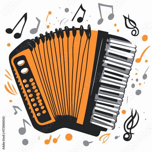 Bright orange and black accordion with piano keys and buttons surrounded by colorful musical notes and symbols minimalist vector illustration