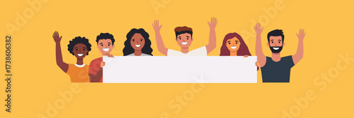 Group diverse young adults standing behind blank white banner waving hands smiling happy cooperation multicultural community friendship concept yellow background flat vector