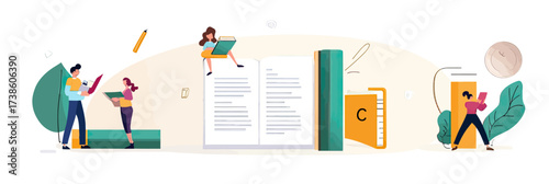 Vector illustration of diverse people reading writing and discussing documents privacy policy terms and conditions in minimalist flat style