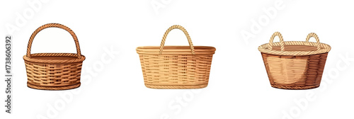Set of three wicker baskets with handles in square and round shapes woven from natural materials isolated on white background flat vector illustration