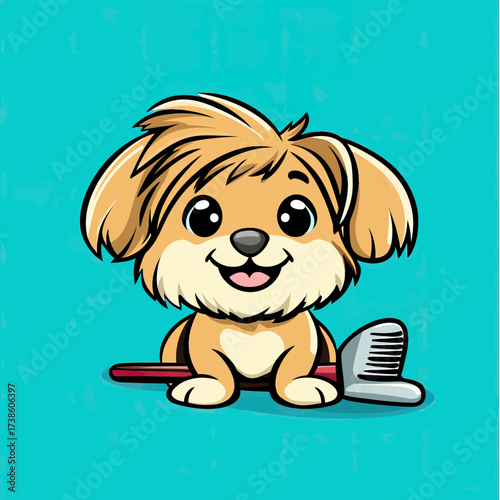 Cute happy cartoon puppy dog lying down with grooming comb on blue background vector illustration pet care salon concept for animal grooming services and pet hygiene design