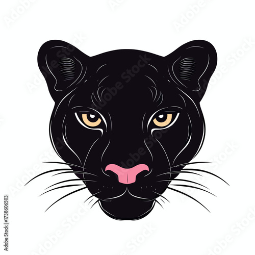 Black panther face portrait with pink nose and yellow eyes isolated on white background minimalistic vector animal illustration design for logo and branding use