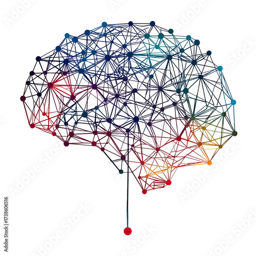Abstract brain network connections 3D wireframe with colorful nodes and neural links digital technology concept illustration vector
