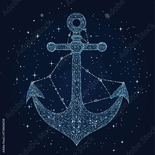 Abstract wireframe anchor formed by glowing star constellation points lines cosmic space background nautical and maritime design illustration