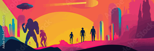 Colorful minimalist vector illustration of alien invasion with humanoid extraterrestrials, UFO, futuristic cityscape, and sunset sky background scene