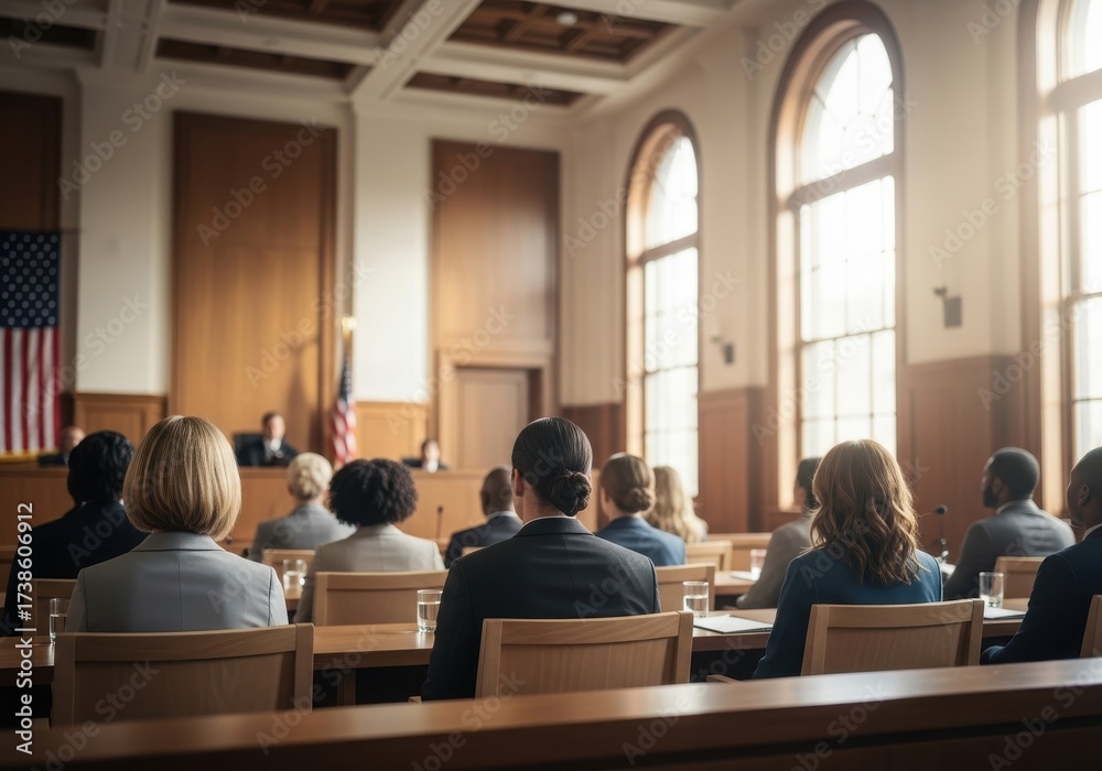 Obraz premium People observe a legal proceeding in a courtroom with large windows and an american flag, representing the judicial system and justice.