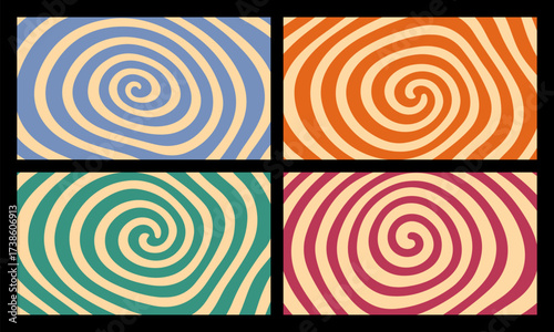 Set of four groovy spiral pattern backgrounds for retro and vintage design. Hypnotic psychedelic swirl vector graphic for textile print wallpaper.