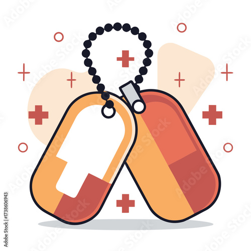 Medical identification tags with red cross symbols on background  