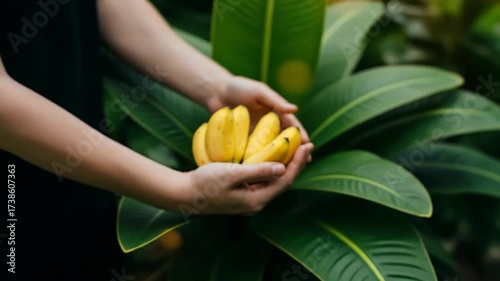 Gentle Hands Presenting Ripe Yellow Bananas Amidst Lush Green Tropical Foliage
