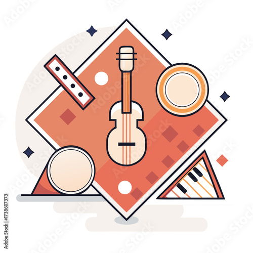 Musical instruments arranged in abstract geometric design  