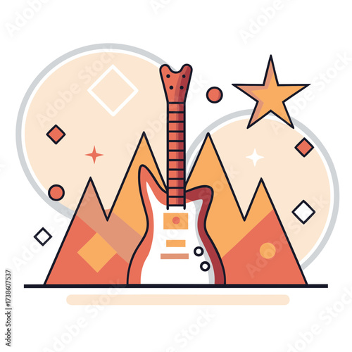 Guitar illustration with abstract shapes and colorful background  