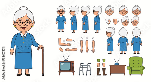 A collection of cartoon graphics featuring a grandmother character and related objects like a television and armchair