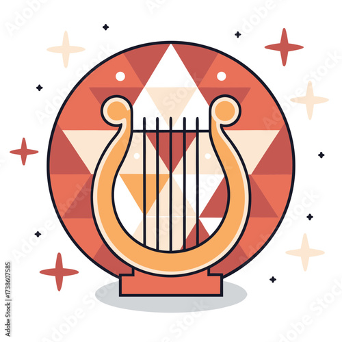 Illustrated lyre with geometric background and star accents  