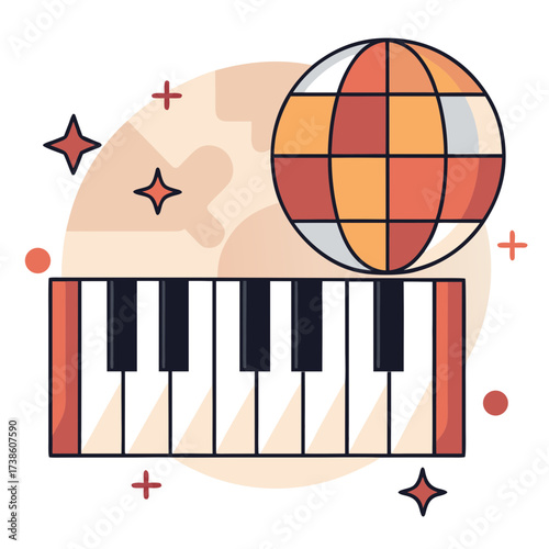 Colorful piano keys with disco ball and abstract background  